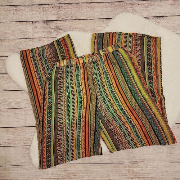 Umgee Pants - Umgee yellow/green/red tibal design wide leg pants